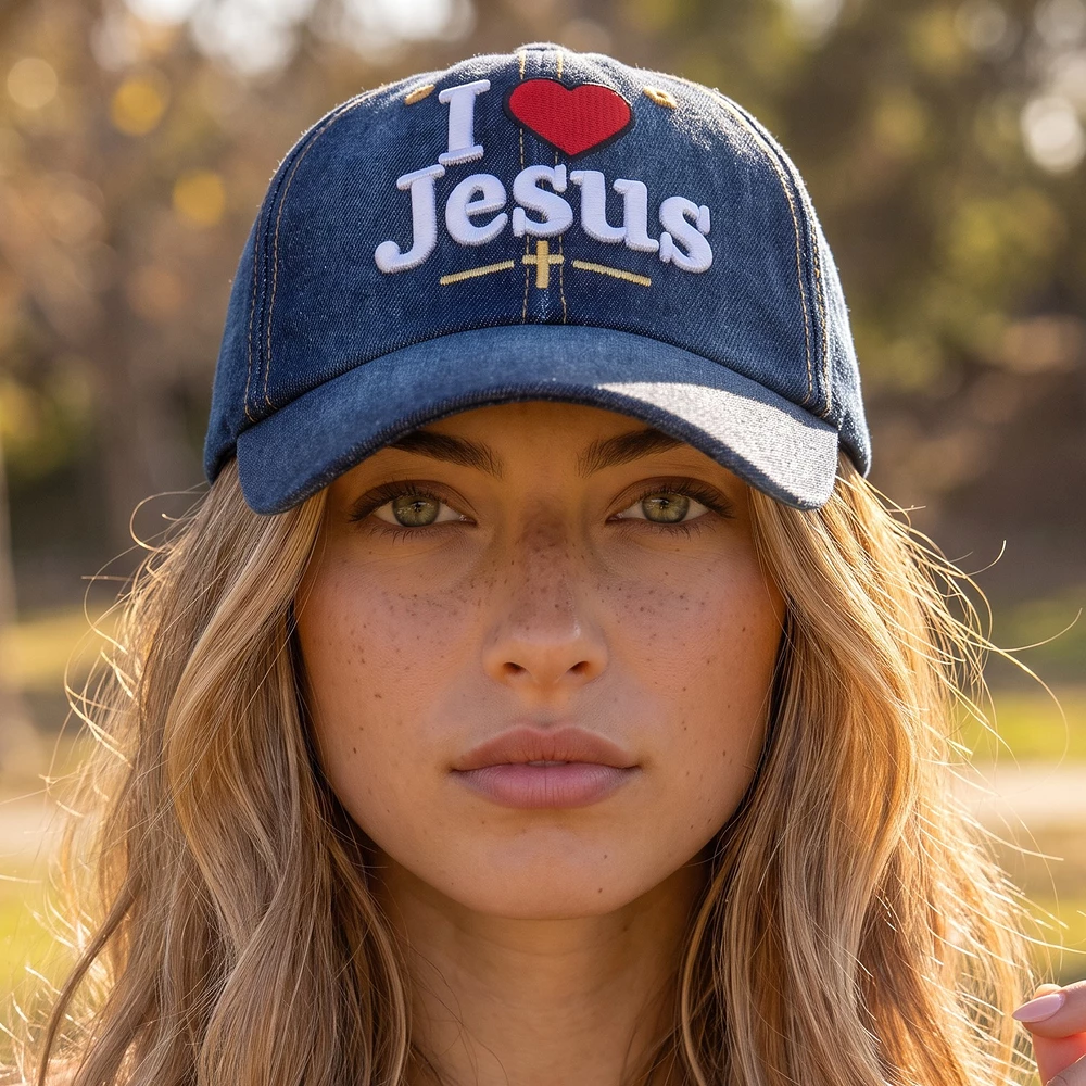 I Love Jesus Cross Embroidered Denim Baseball Cap