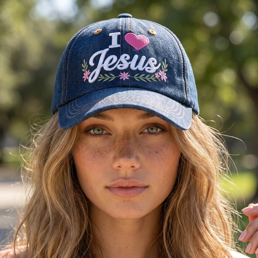 I Love Jesus Floral Script Embroidered Denim Cap