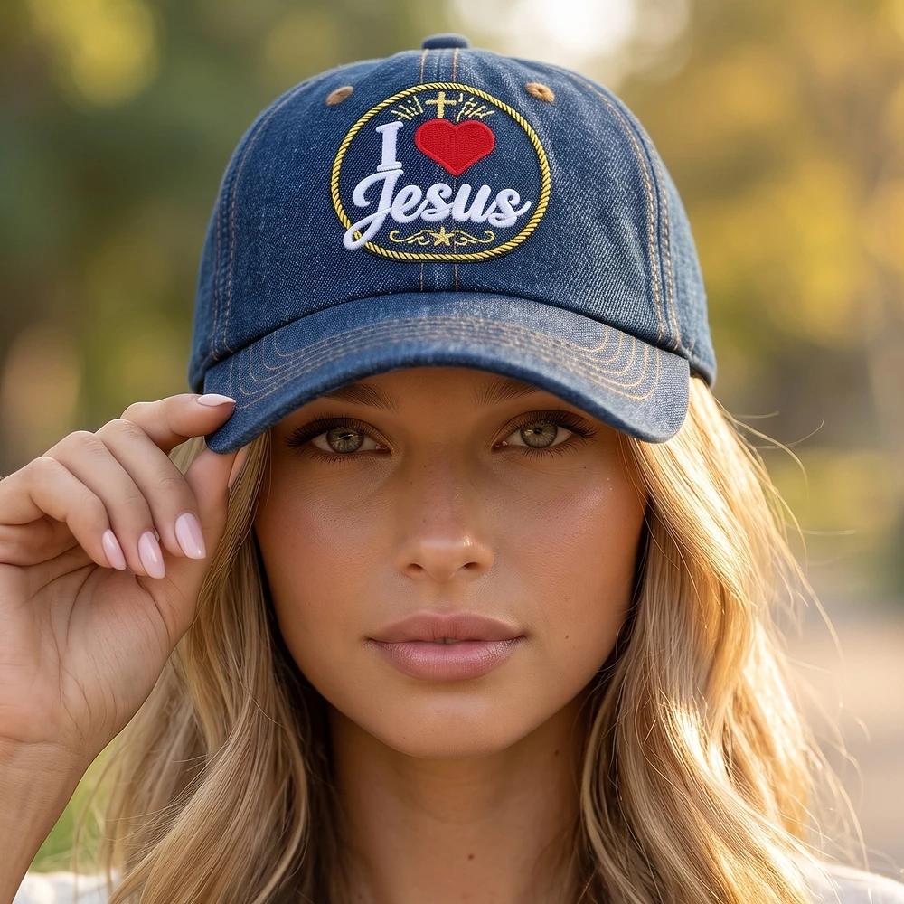 I Love Jesus Circle Badge Embroidered Denim Cap