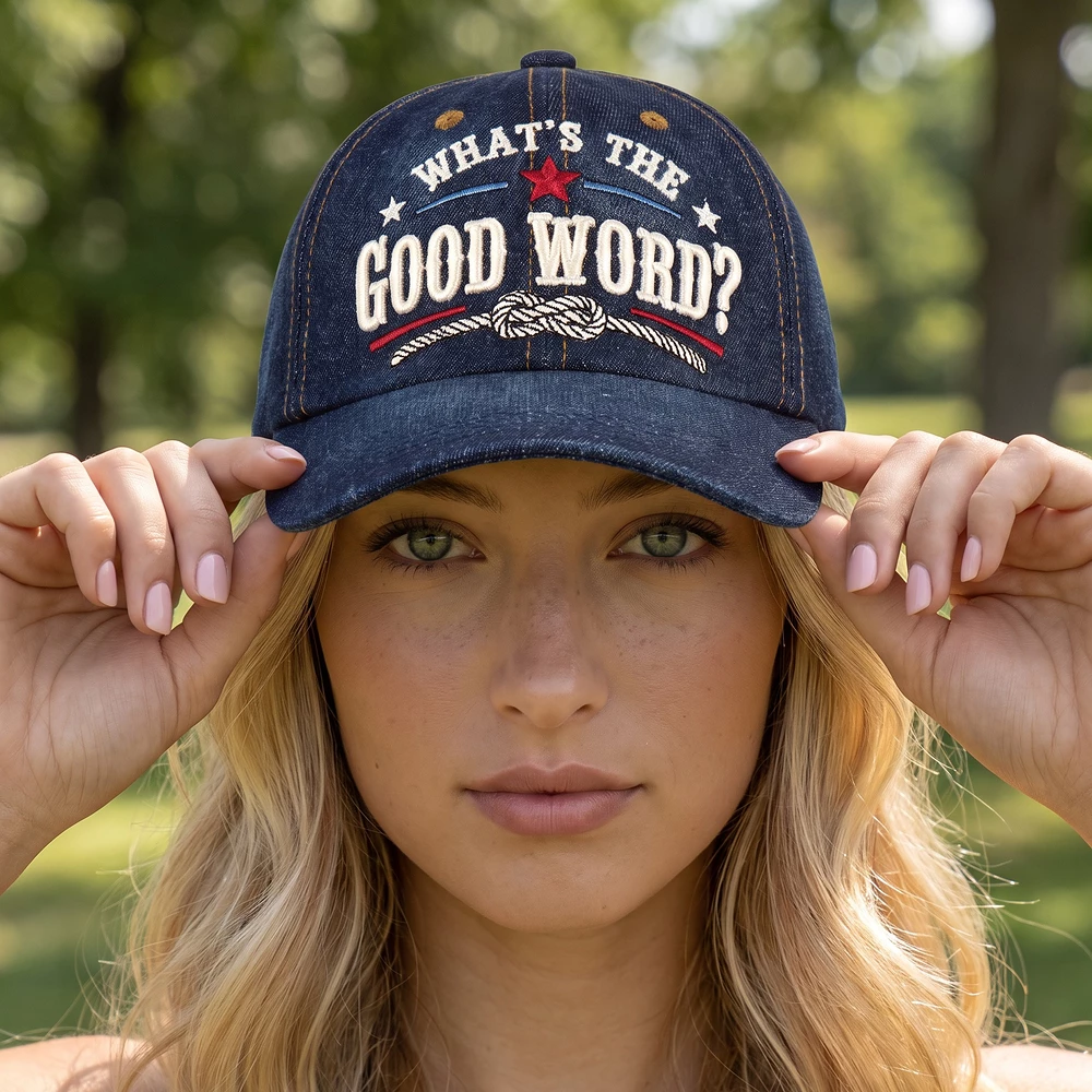Whats The Good Word Rope Embroidered Denim Cap
