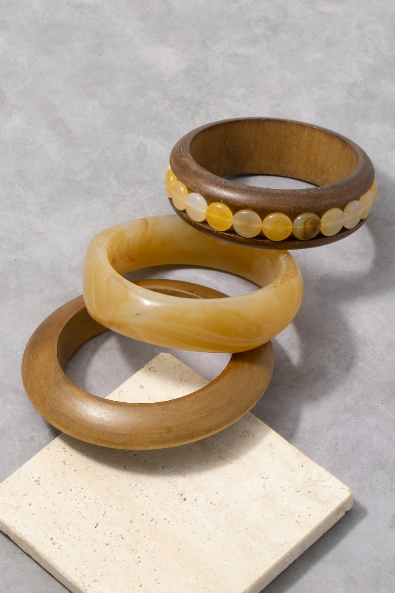 Wood And Resin Mixed Bangle Bracelet Set