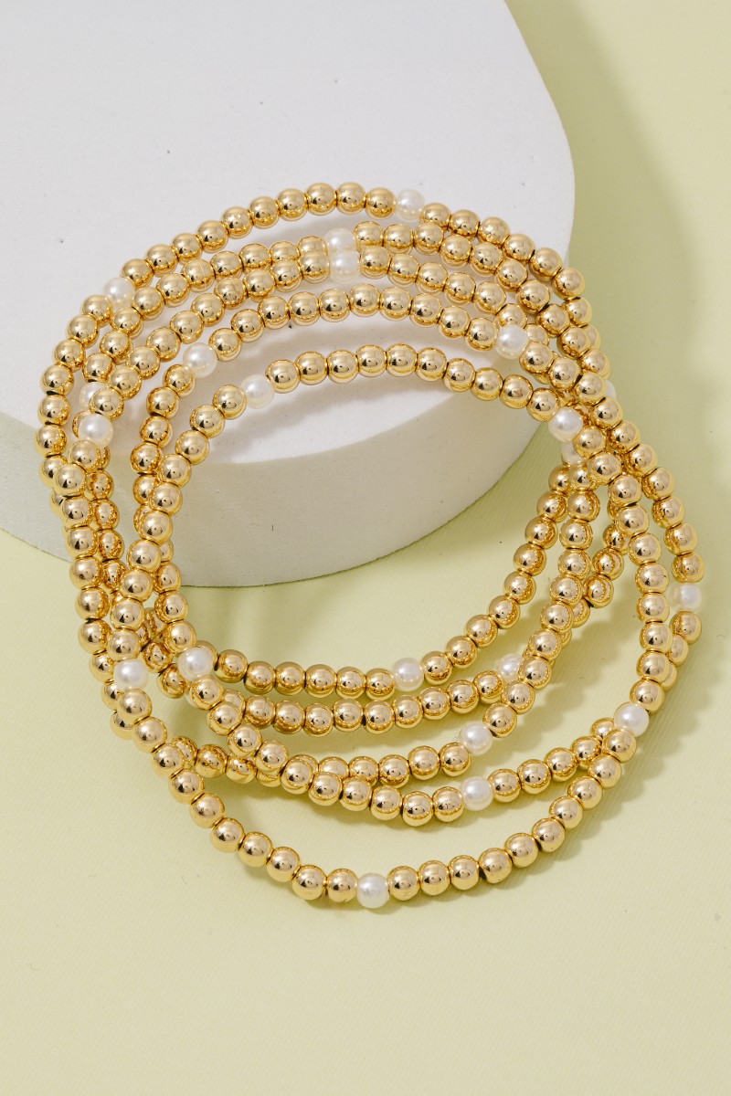 5Pc Pearl And Metallic Beaded Bracelet Set