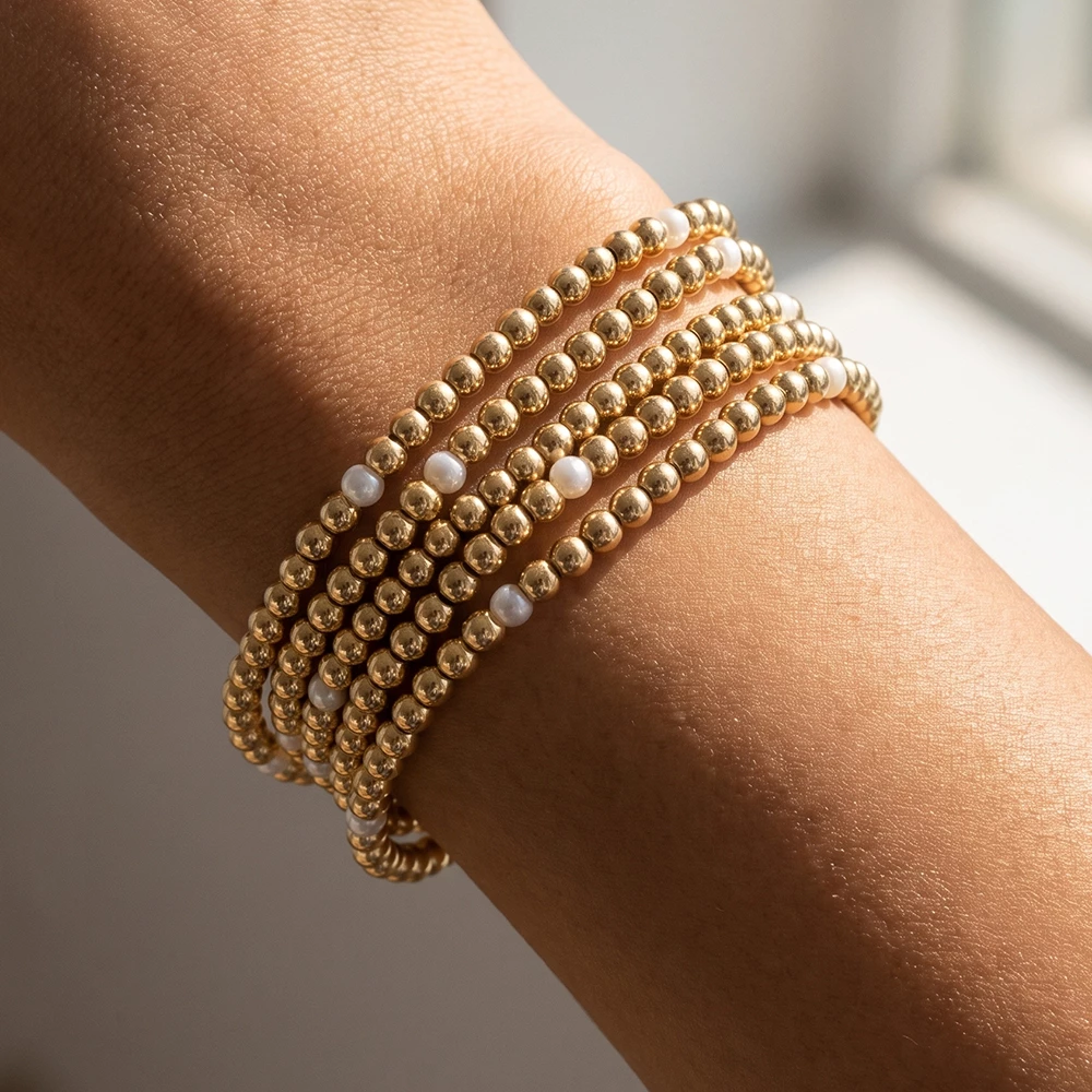 Ball Bead Stretch Bracelet Set With Pearl Accents