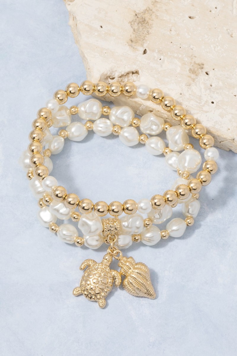 Turtle And Sea Shell Charms Mixed Beaded Bracelet