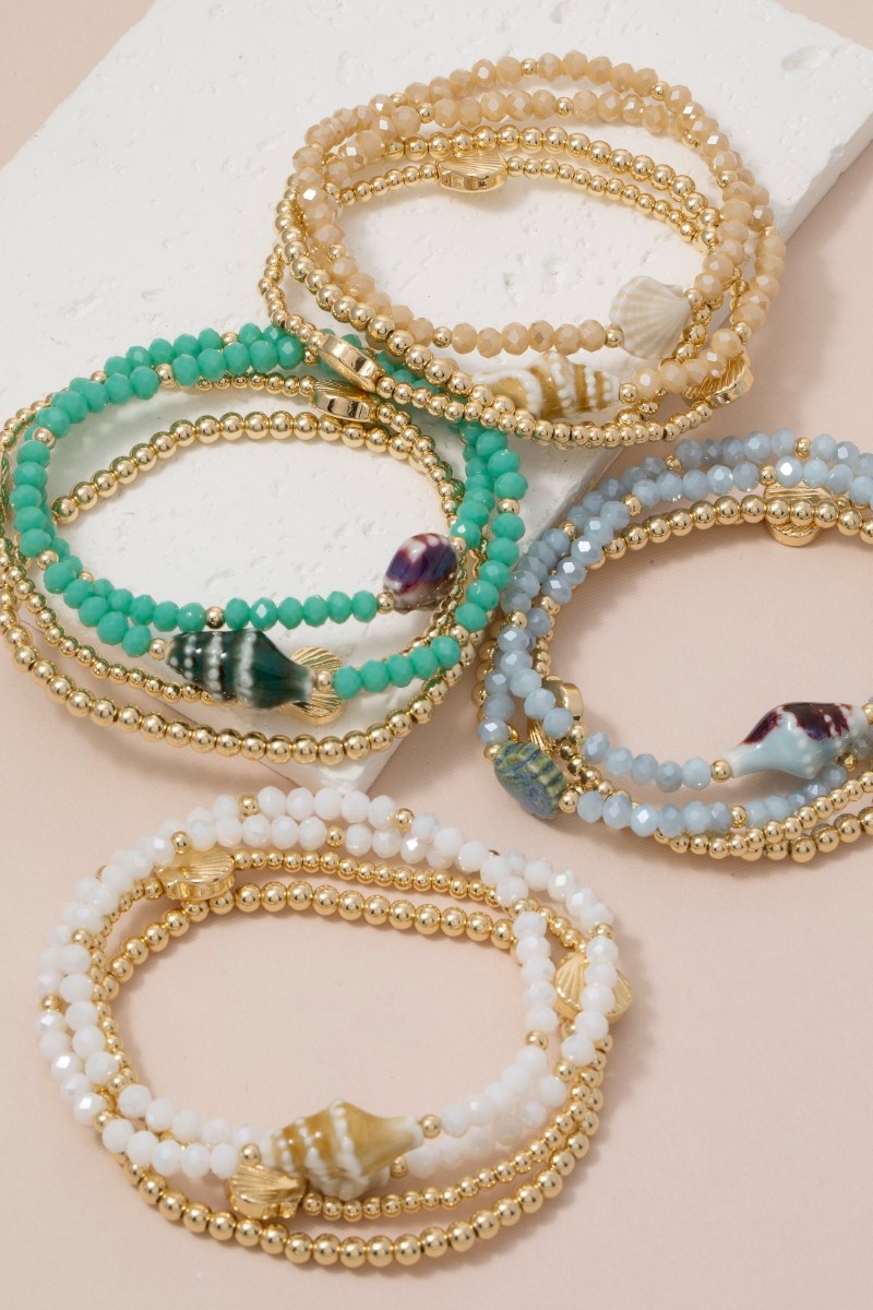 Shell Charms Faceted And Metallic Beaded Bracelet Set