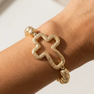 Hammered Open Cross Ball Bead Stretch Bracelet