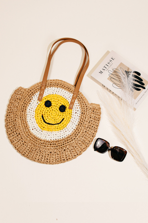 Straw Braided Round Happy Face Tote Bag