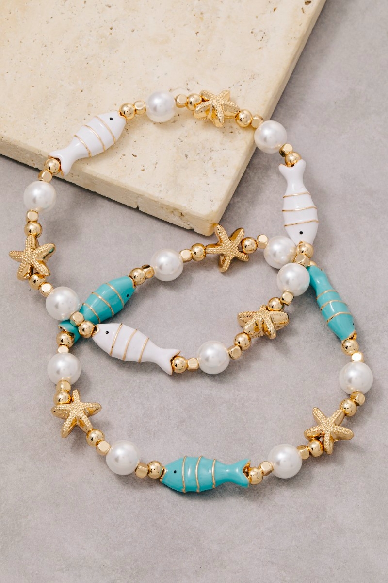 Ceramic Fish Pearl And Starfish Chain Bracelet