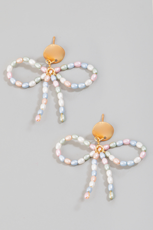 Mini Pearl Beaded Ribbon Bow Dangle Earrings