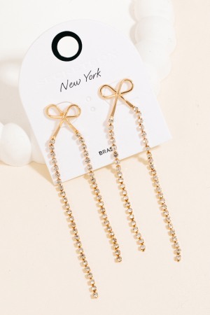 Ribbon Bow And Rhinestone Chain Dangle Earrings