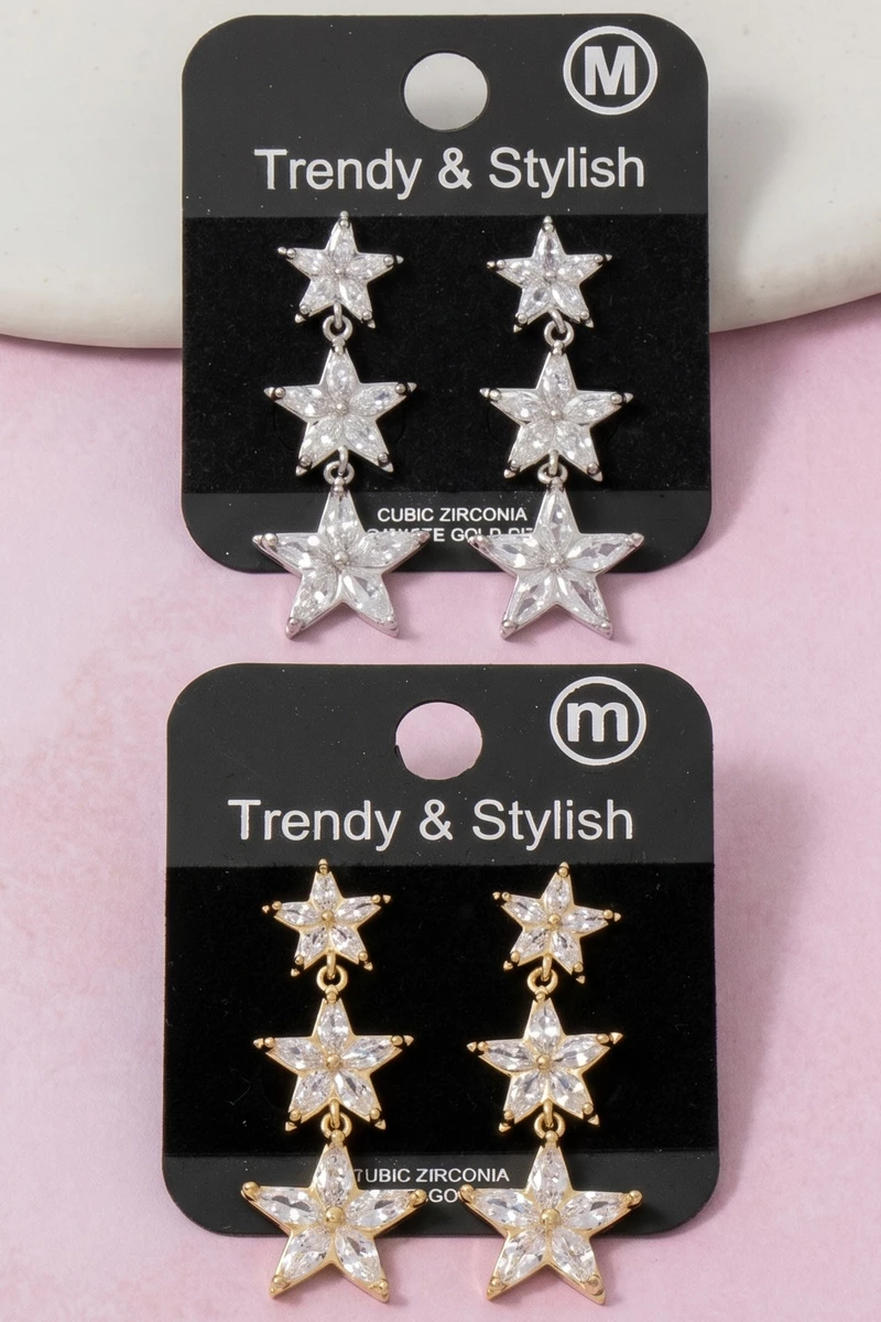 Triple Star Cz Drop Earrings