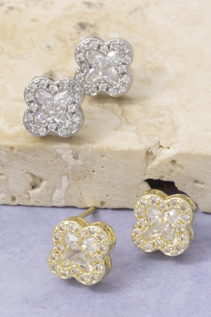 Pave Cz Clover Stud Earrings