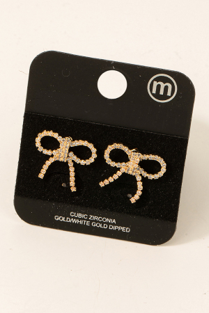 Gold Dipped Cz Pave Ribbon Bowtie Stud Earrings