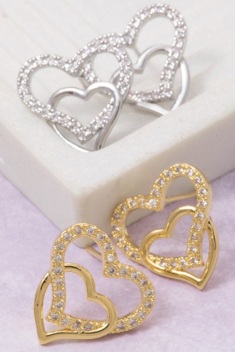 Gold Dipped Cz Pave Double Heart Stud Earrings