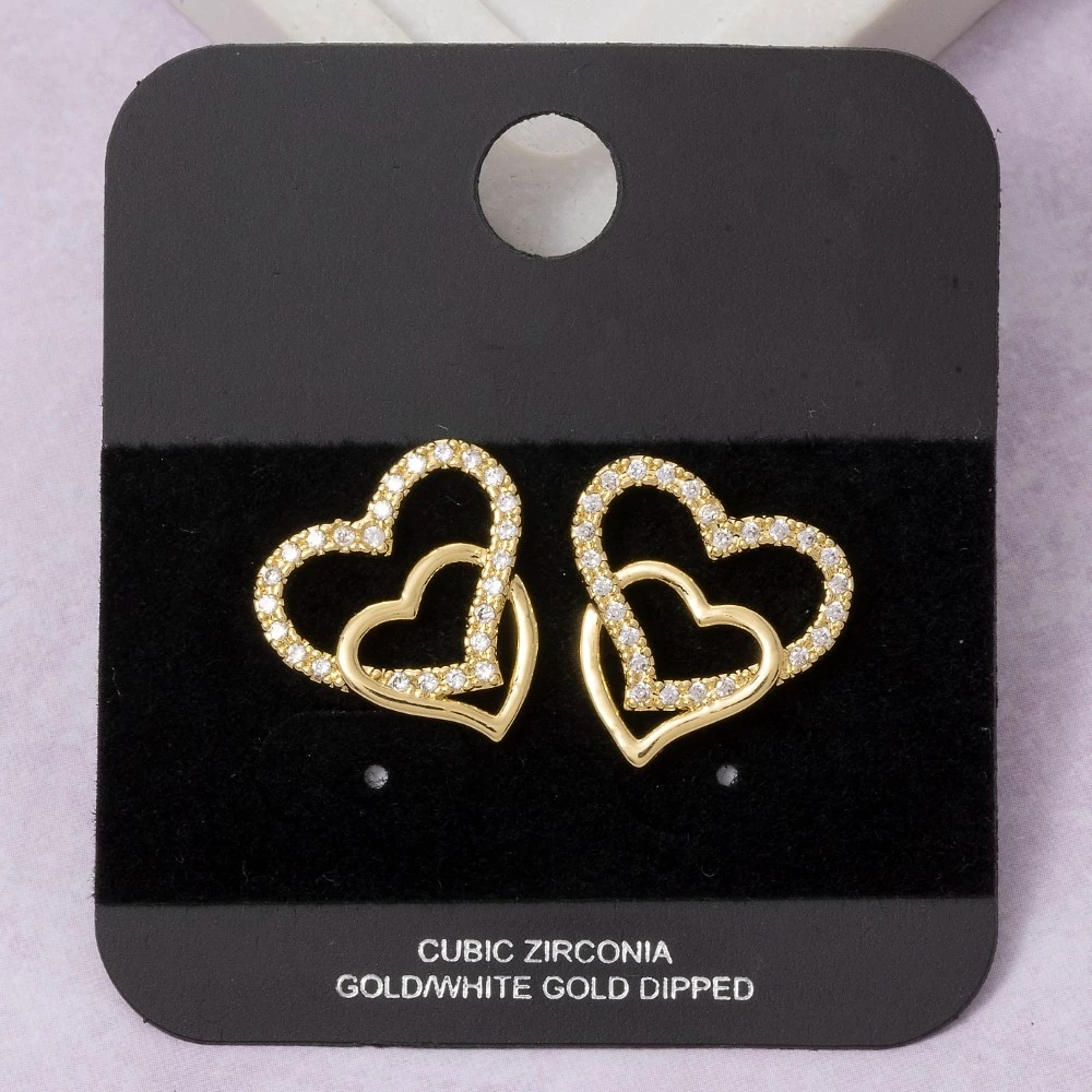 Gold Dipped Cz Pave Double Heart Stud Earrings