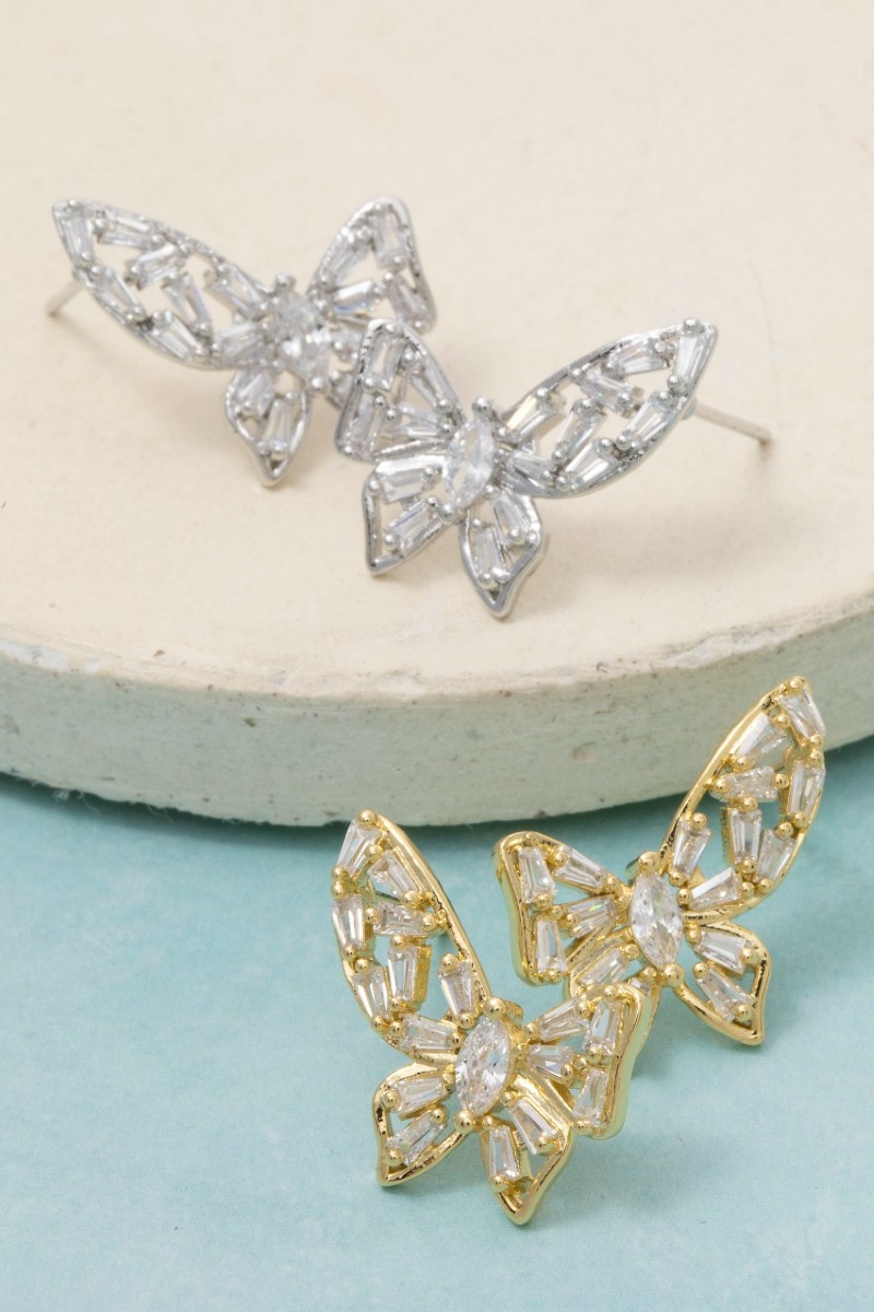 Gold Dipped Cz Baguettes Butterfly Stud Earrings
