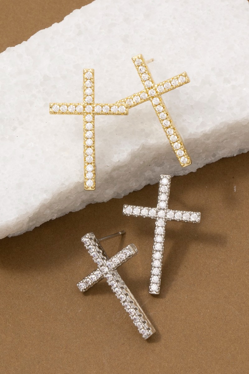 Pave Cz Cross Stud Earrings