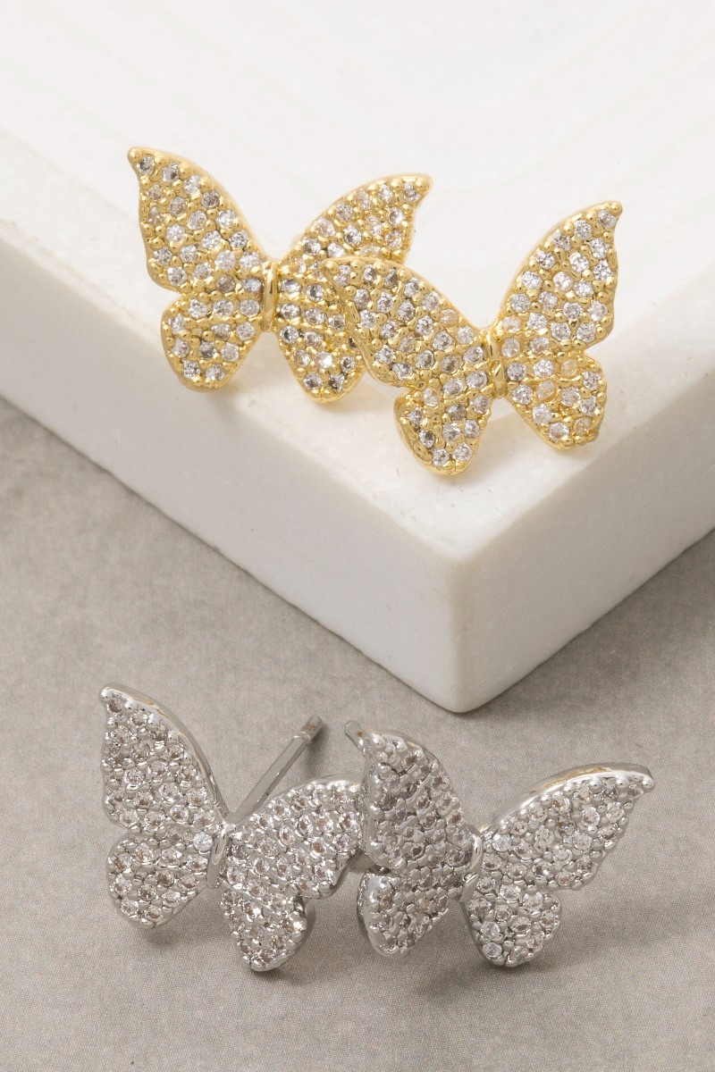 Gold Dipped Cz Pave Butterfly Stud Earrings