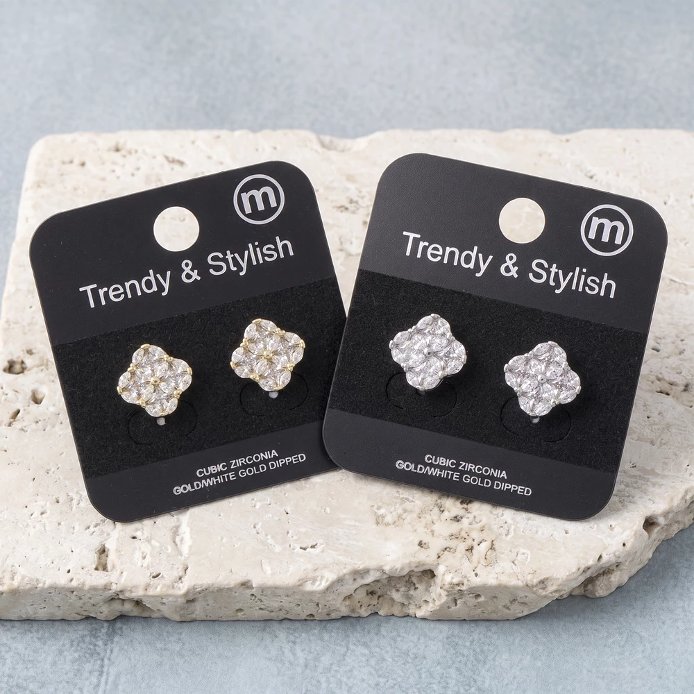 Gold Dipped Marquise Cz Quatrefoil Stud Earrings