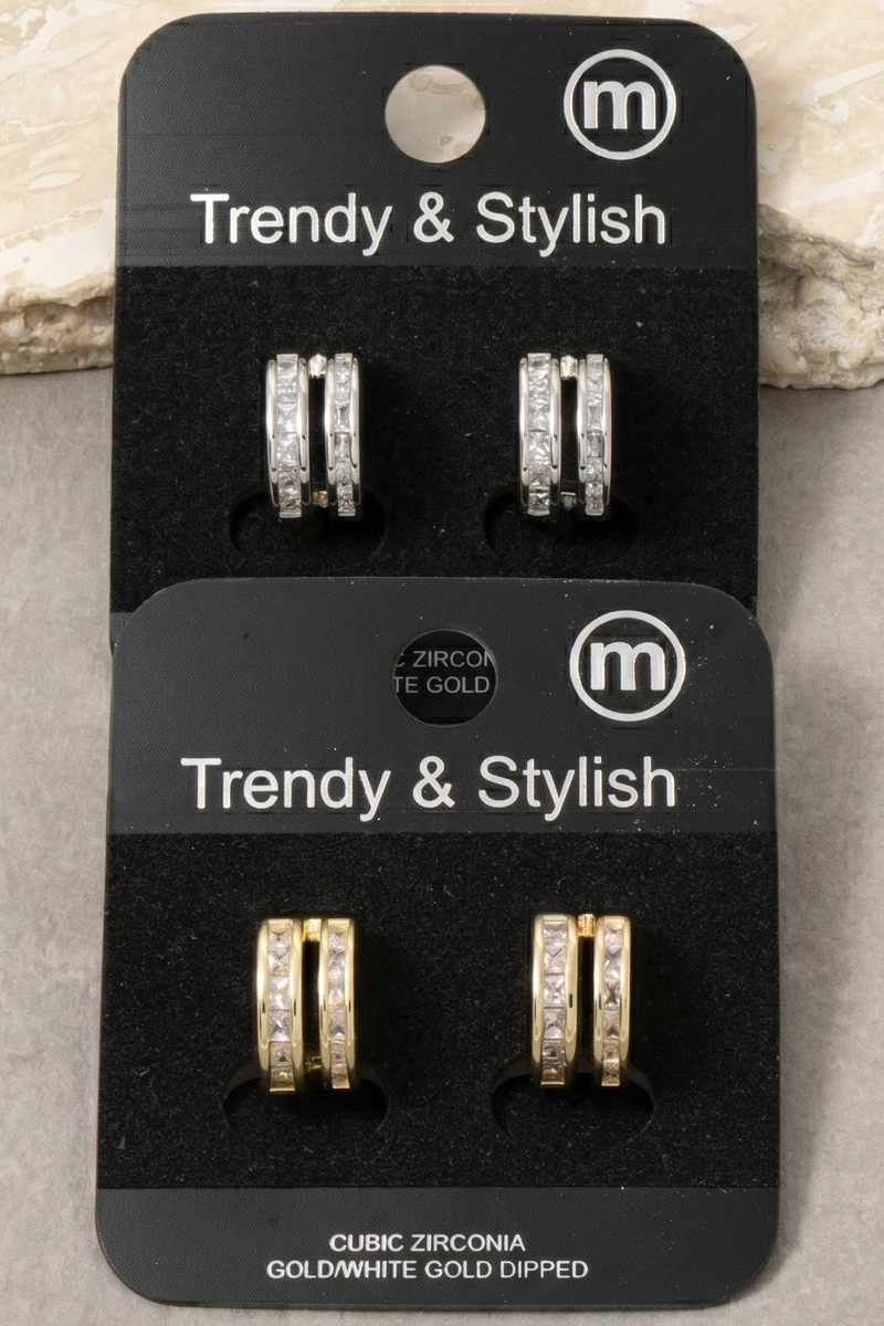 Double Row Cz Split Huggie Earrings