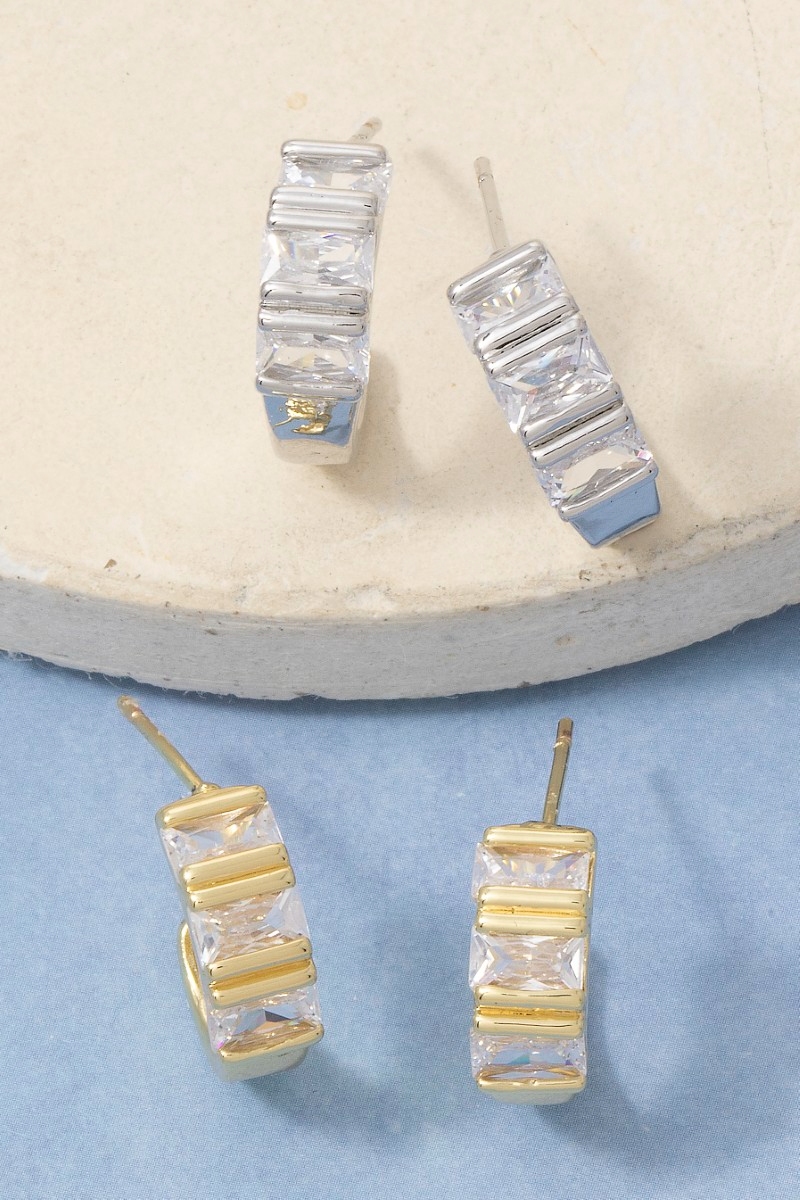 Triple Baguette Cz Bar Huggie Hoop Earrings