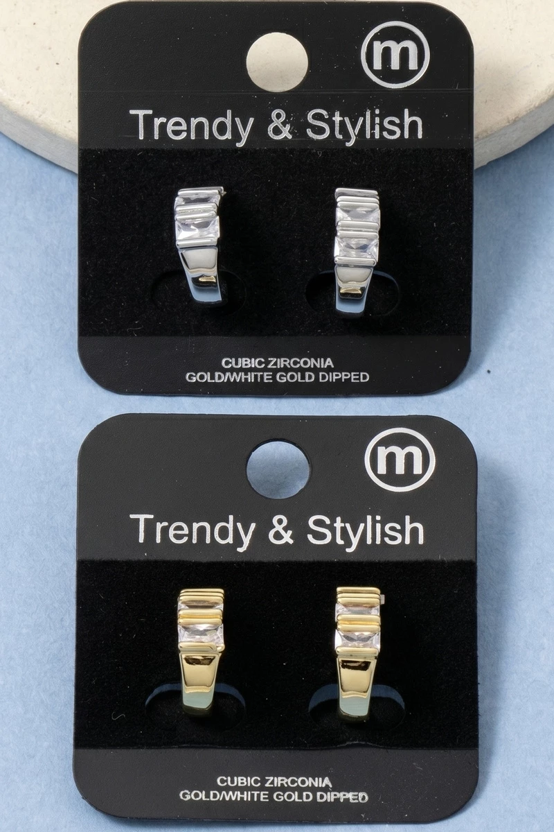 Triple Baguette Cz Bar Hoop Earrings