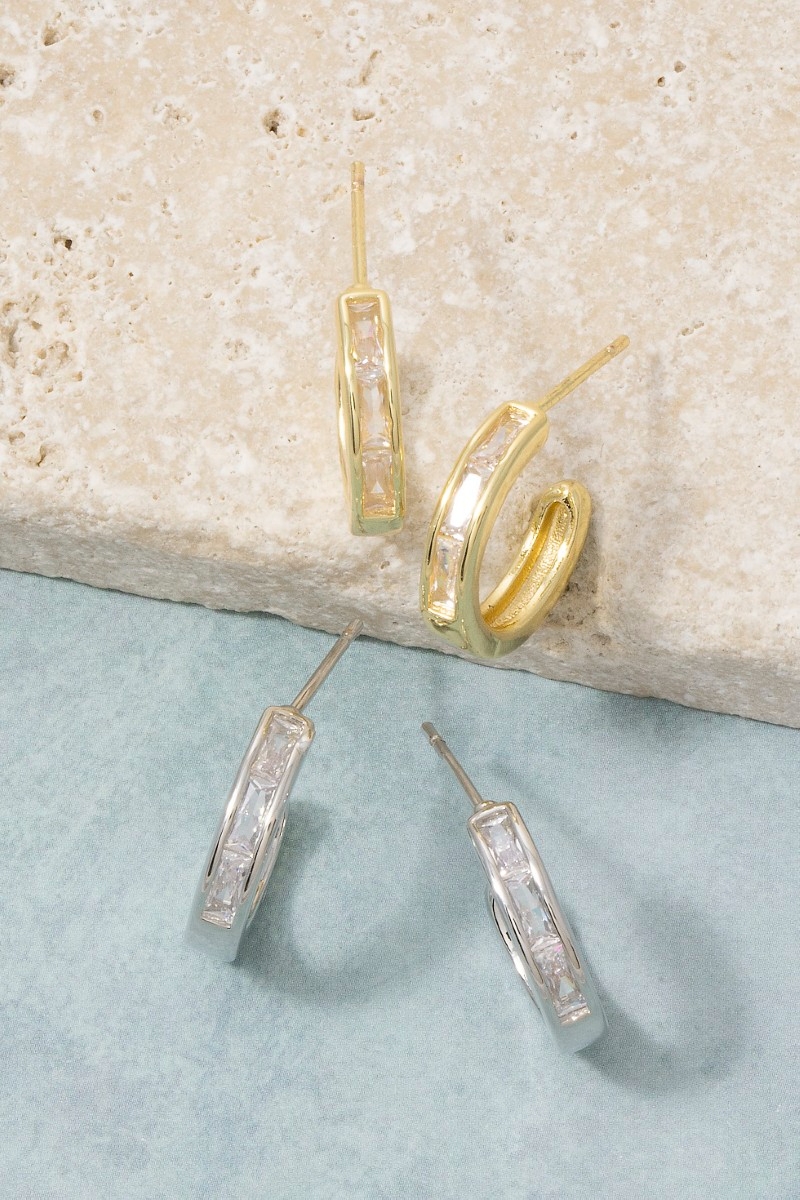 Channel-Set Baguette Cz Huggie Hoop Earrings