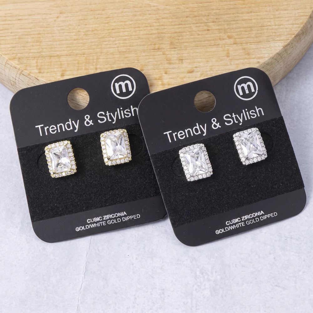 Gold Dipped Step Cut Cz Halo Stud Earrings