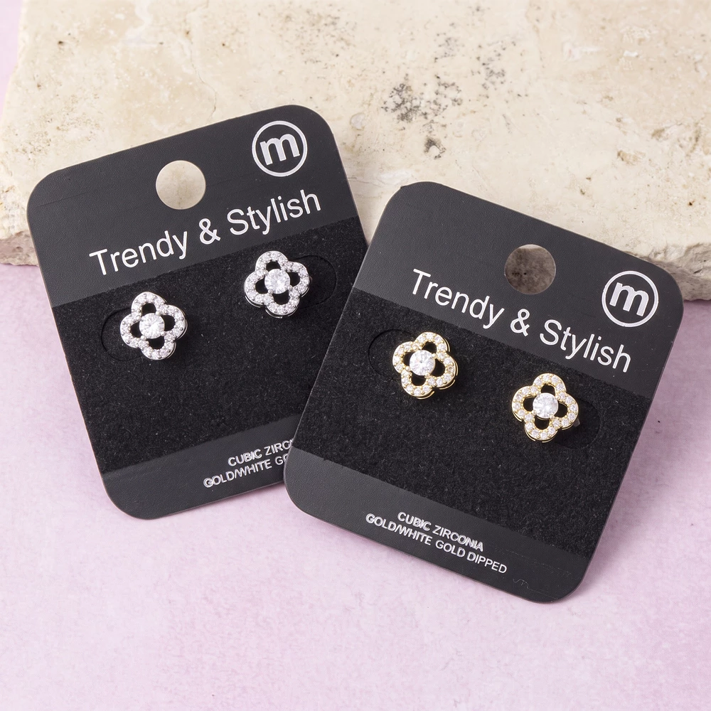 Gold Dipped Open Clover Cz Stud Earrings