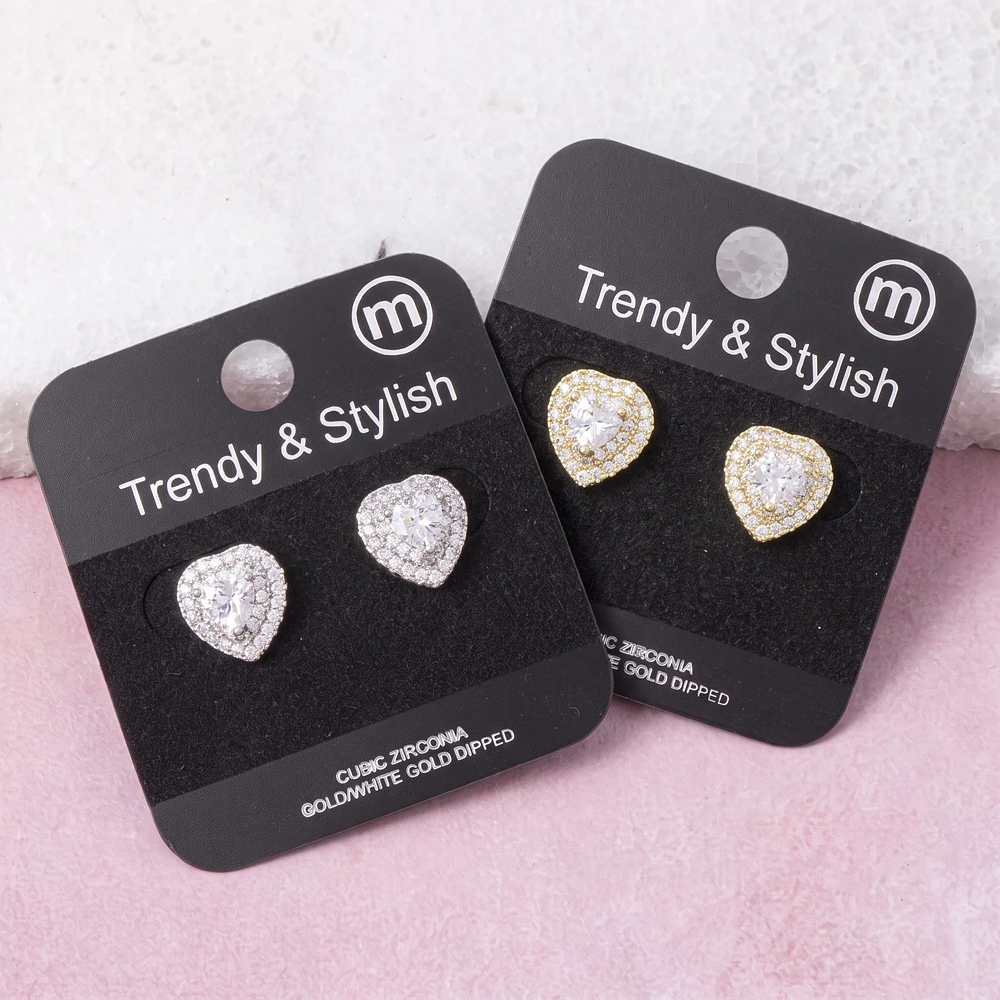 Gold Dipped Heart Cz Double Halo Stud Earrings