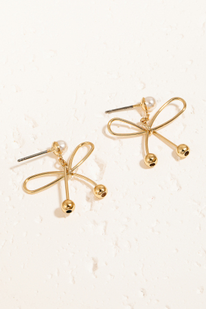 Pearl Stud Metallic Ribbon Bow Charm Dangle Earrings