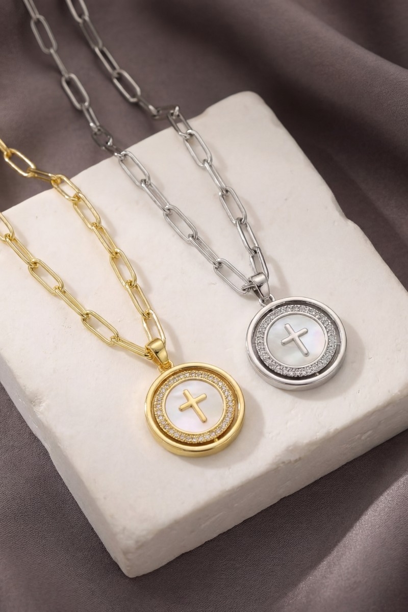 Stainless Steel Cross Disc Pendant Necklace