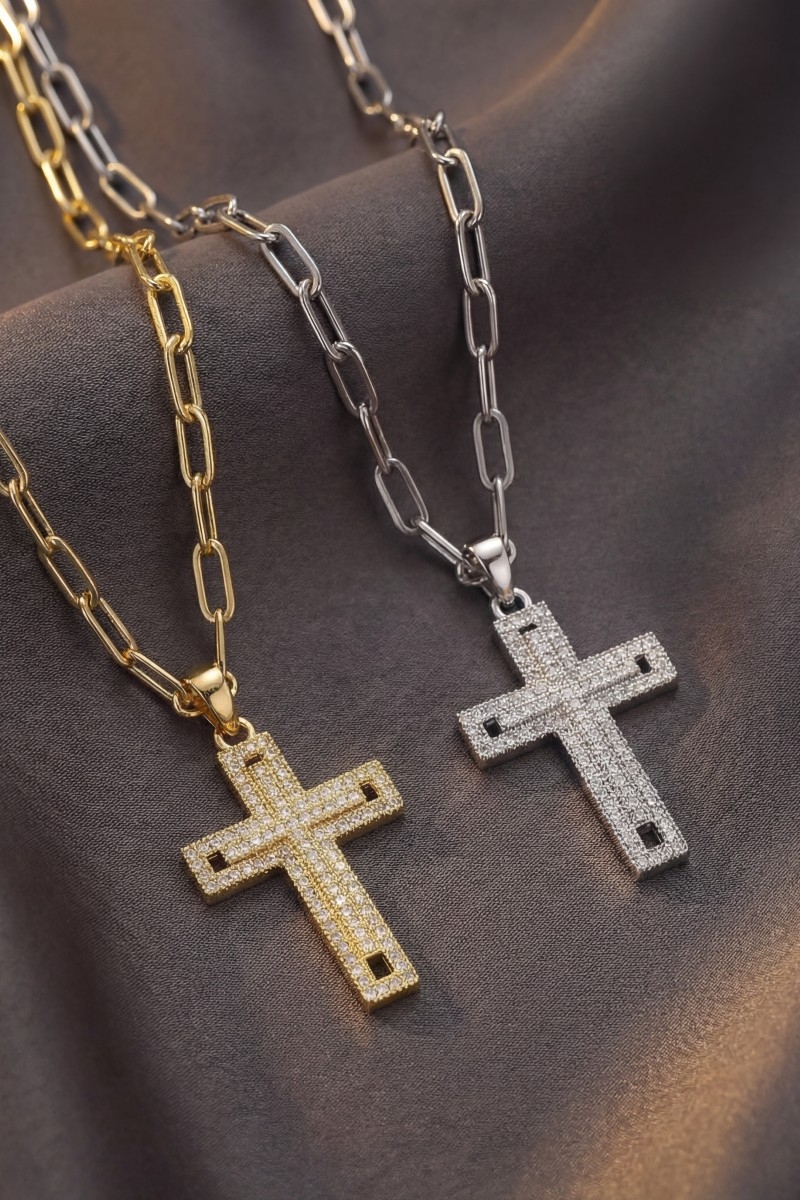Stainless Steel Pave Cross Pendant Necklace