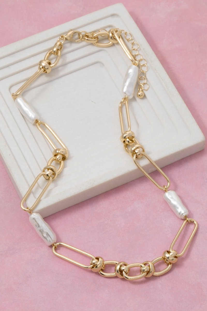 Long Oval Link And Pearl Chain Necklace