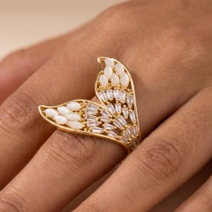 Cats Eye And Baguette Cz Leaf Wrap Ring