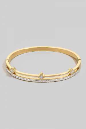 Stainless Steel Triple Clover And Pave Row Hinge Bangle Bracelet