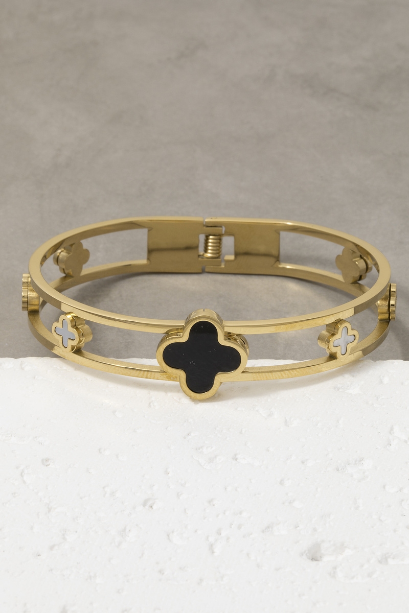 Onyx And Mop Clover Station Hinged Bangle Bracelet