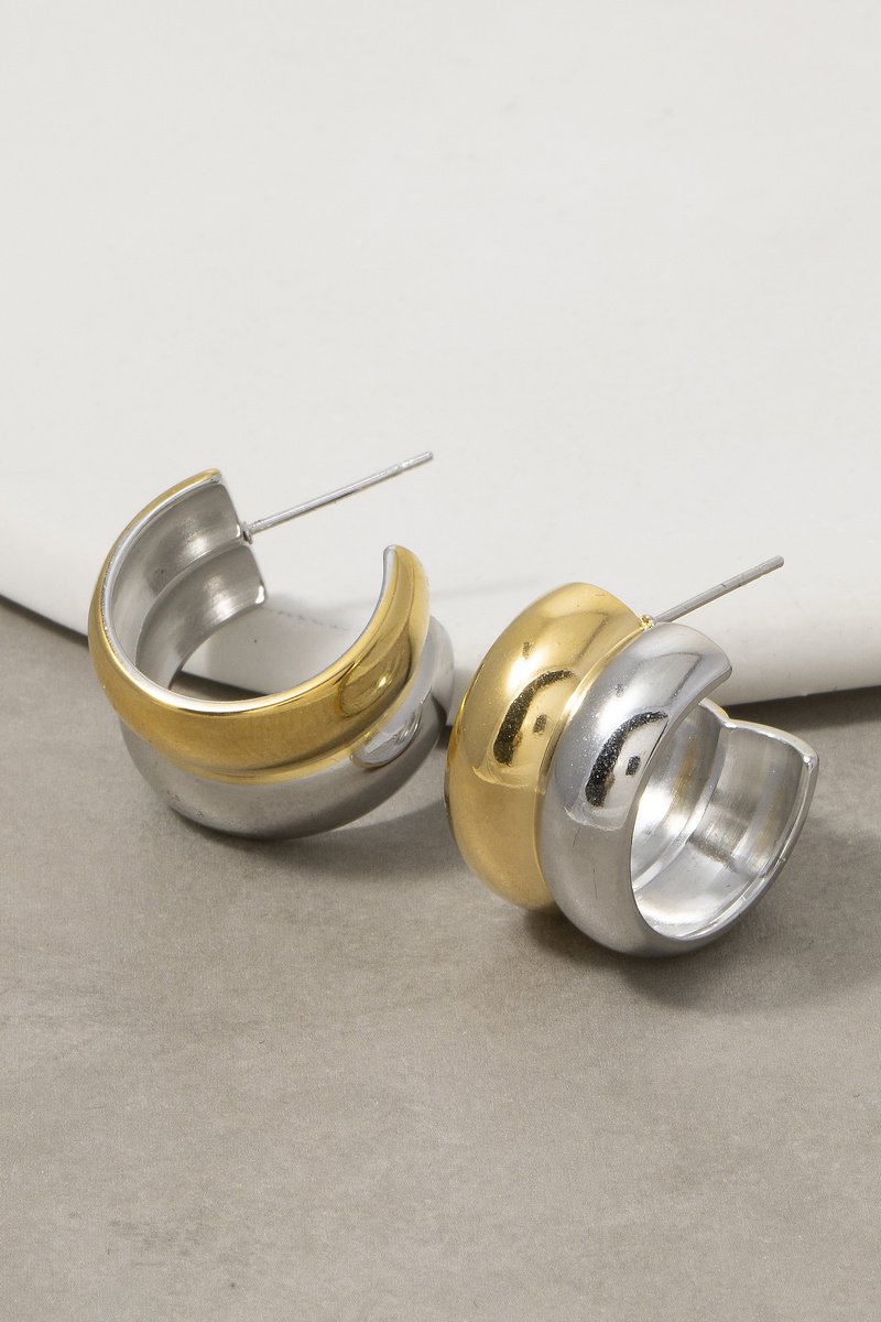Stainless Steel Two Tone Chunky Huggie Earrings