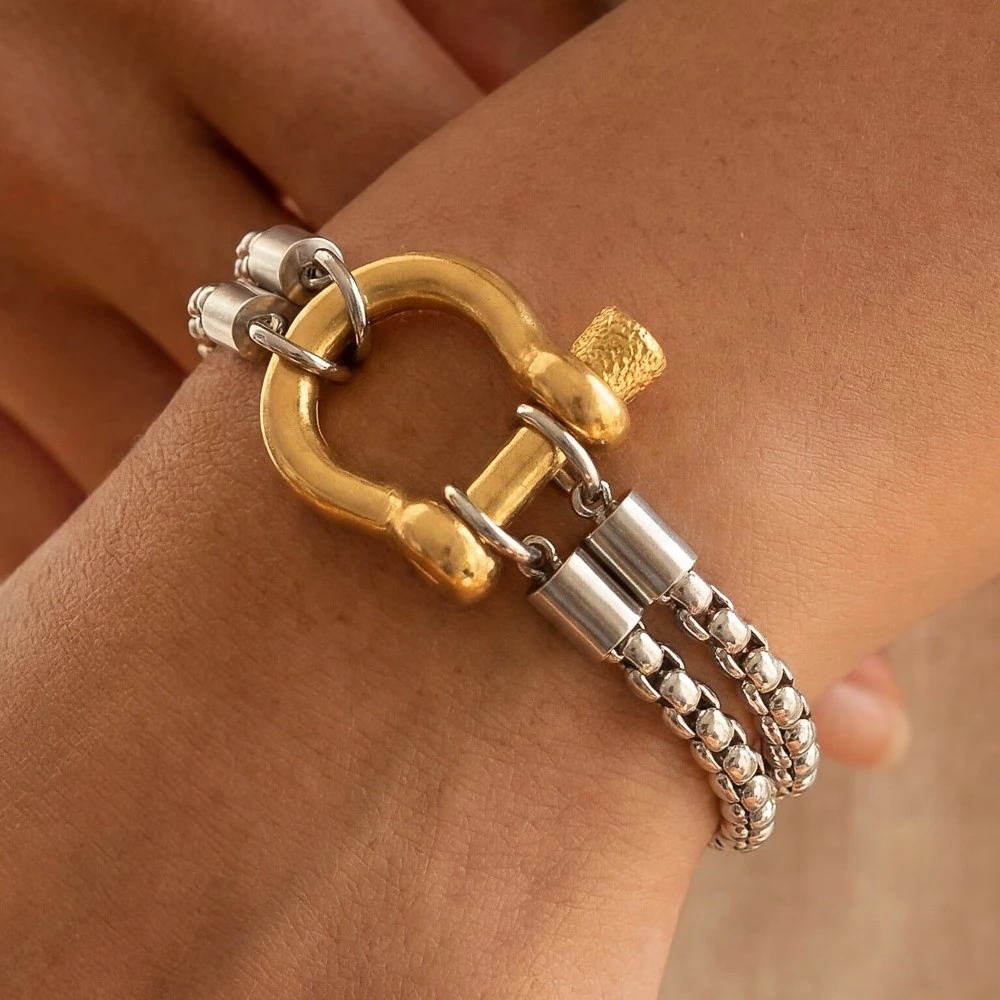 Stainless Steel Two Tone D Ring Layered Bracelet