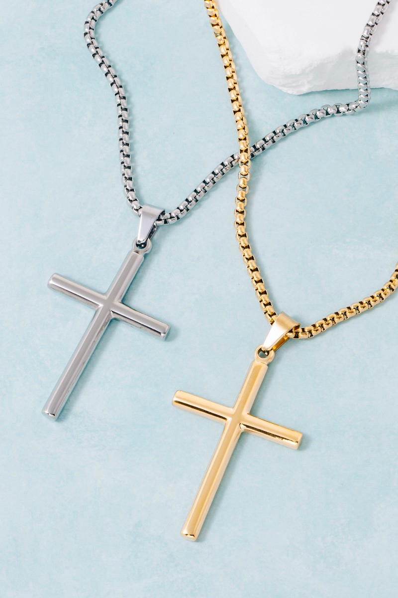 Stainless Steel Cross Pendant Box Chain Necklace