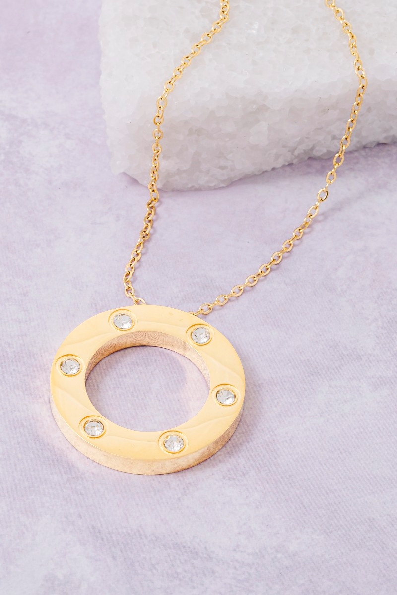 Stainless Steel Studded Hoop Pendant Necklace