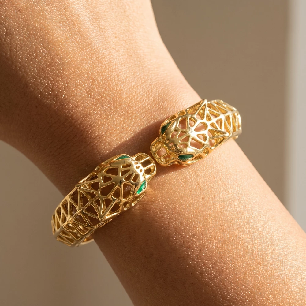 Stainless Steel Openwork Panther Head Cuff Bracelet
