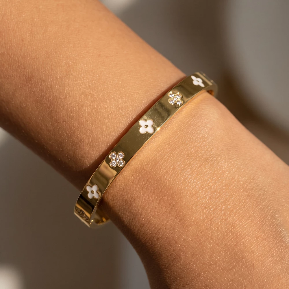 Stainless Steel Mother Of Pearl Clover Bangle Bracelet
