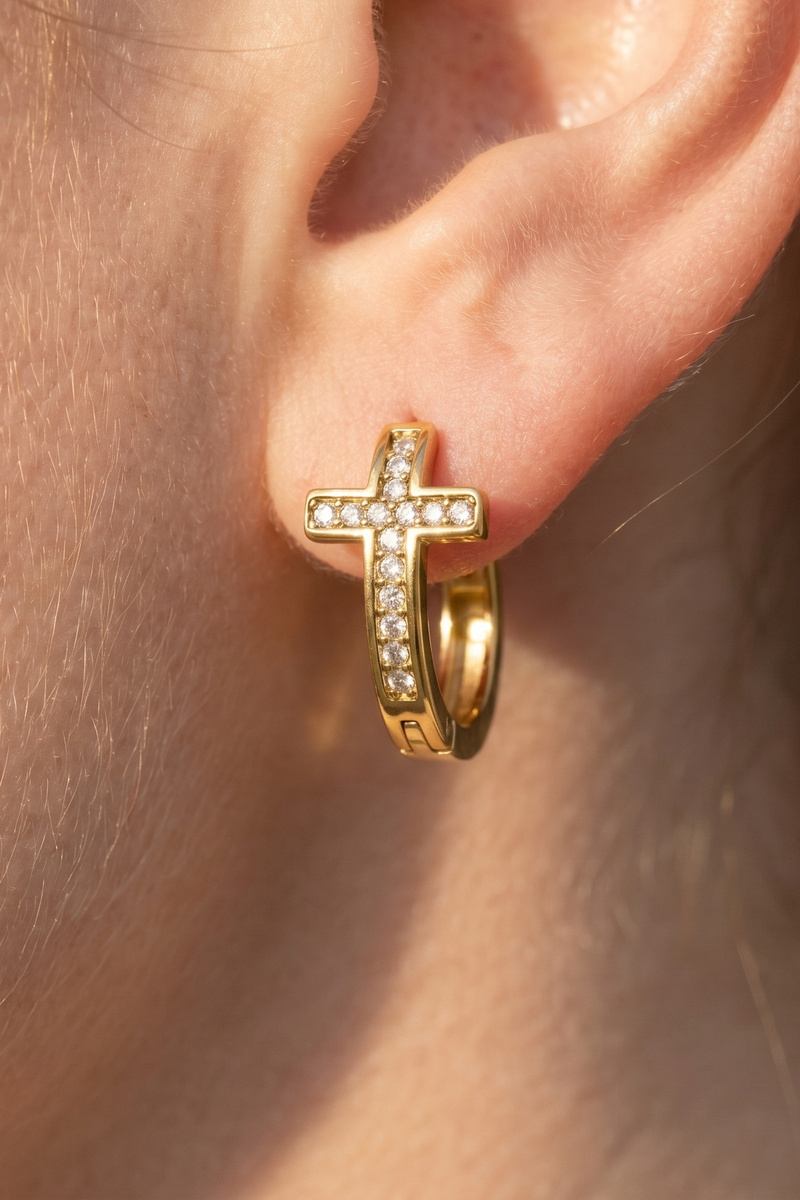14K Gold Dipped Cz Cross Huggie Hoop Earrings