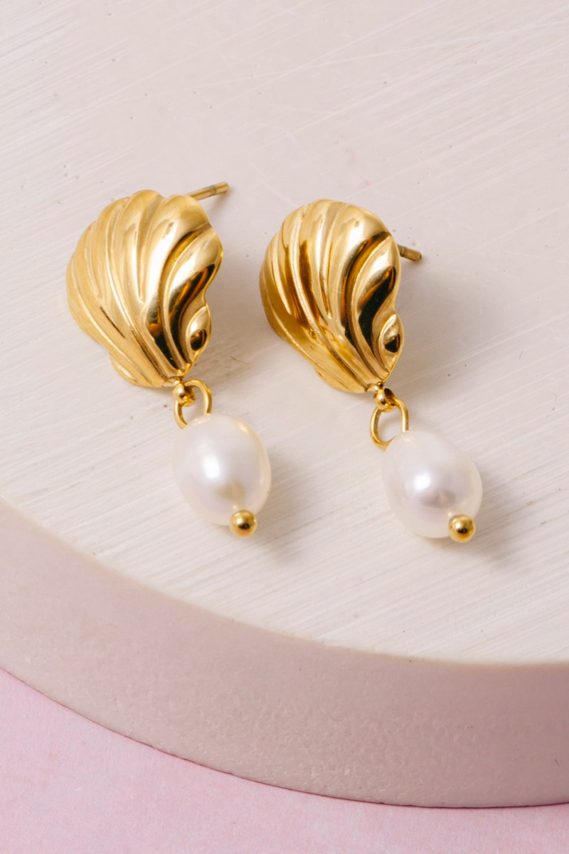 Gold Dipped Scallop Shell Stud & Pearl Drop Earrings