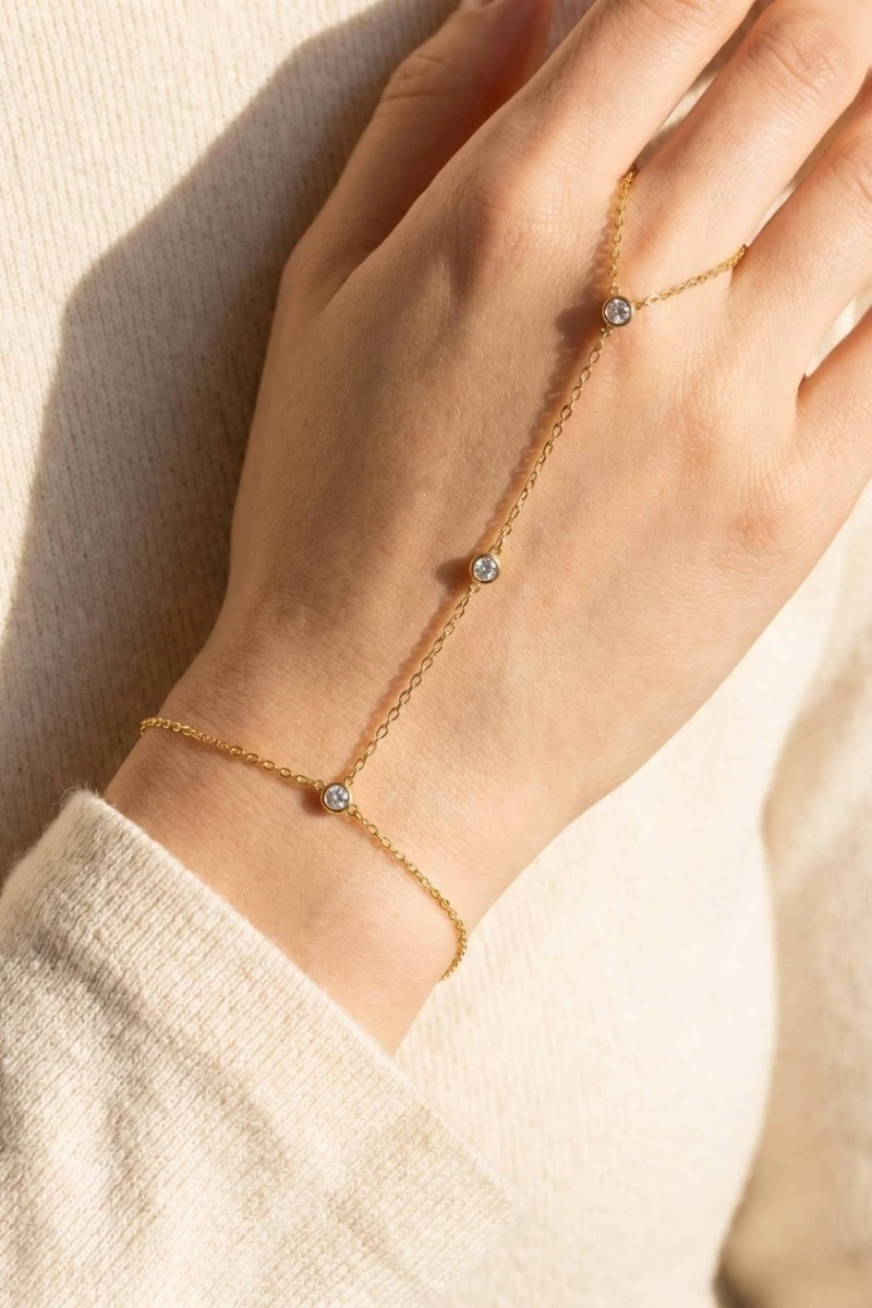 Cz Bezel Station Hand Chain Finger Ring Bracelet