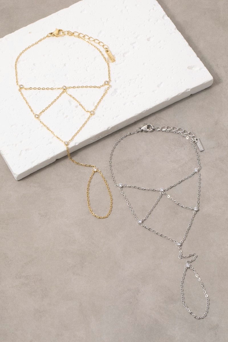 Multi-Strand Cz Bezel Drape Hand Chain Finger Ring Bracelet