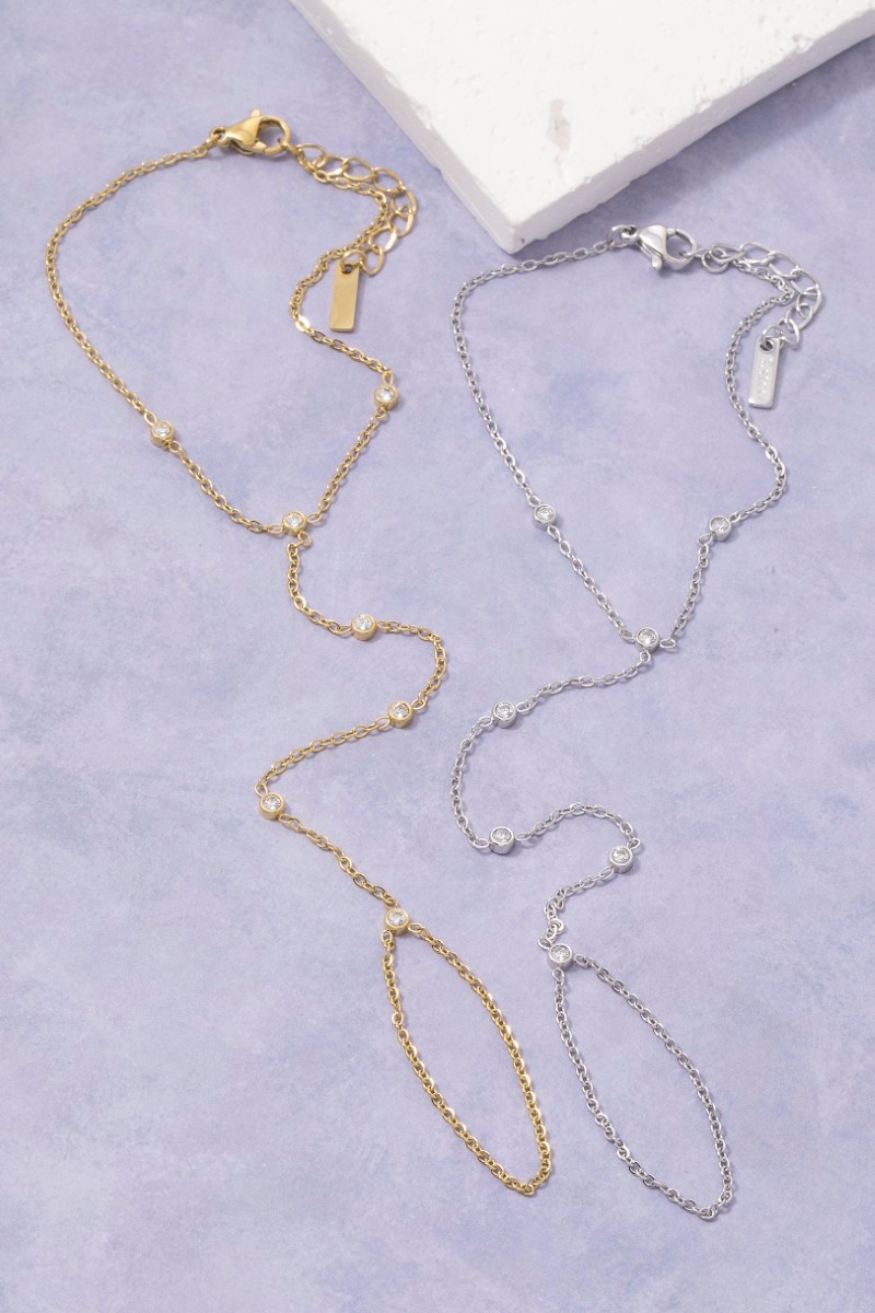 Multi-Station Cz Bezel Hand Chain Finger Ring Bracelet