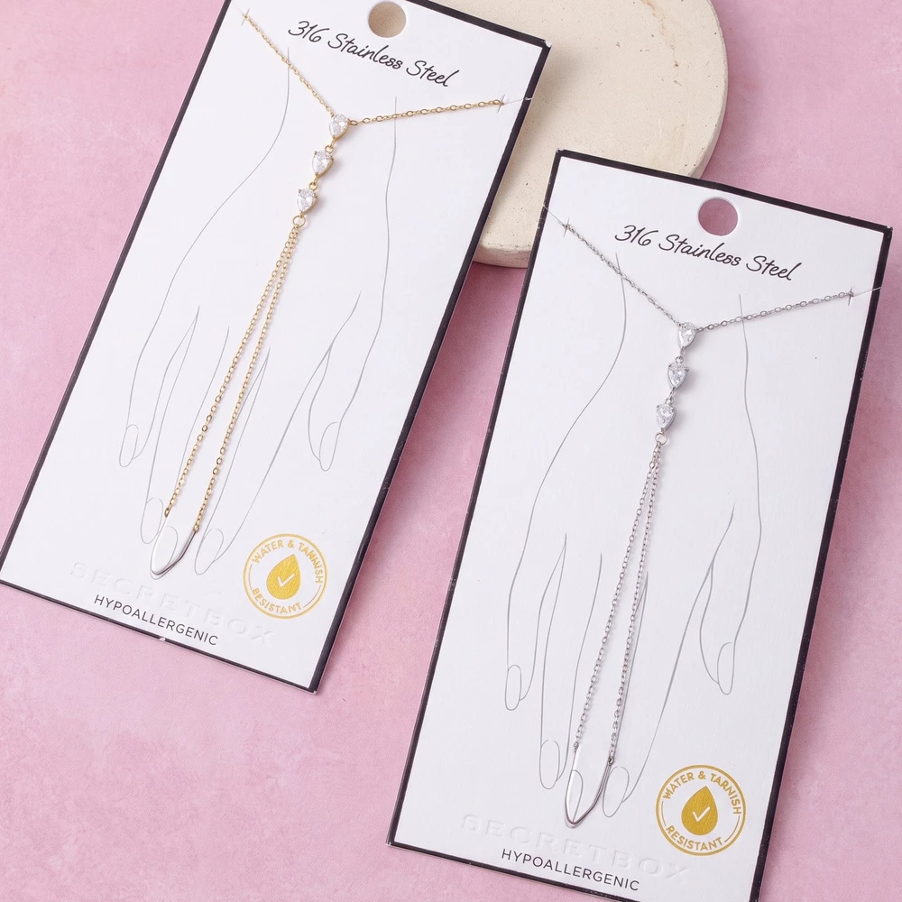 Stainless Steel Pear Cz Drop Hand Chain Bracelet