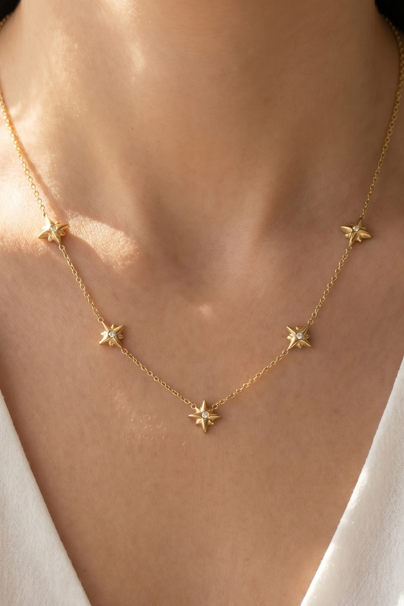 14K Gold Dipped Cz Triple Star Station Necklace